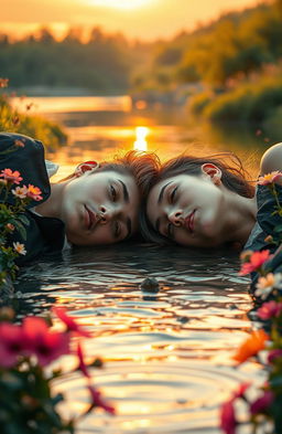 Two young lovers lying together on the banks of a river, their expressions filled with deep emotion and passion