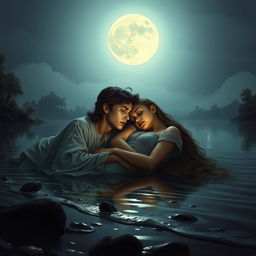 Two young lovers lying together on the banks of a river under the soft glow of the full moon, representing a bittersweet sense of love and tragedy