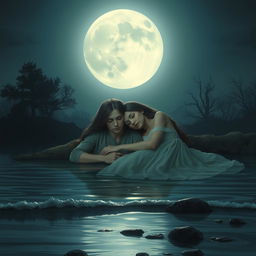 Two young lovers lying together on the banks of a river under the soft glow of the full moon, representing a bittersweet sense of love and tragedy