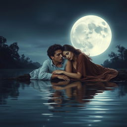 Two young lovers lying together on the banks of a river under the soft glow of the full moon, representing a bittersweet sense of love and tragedy