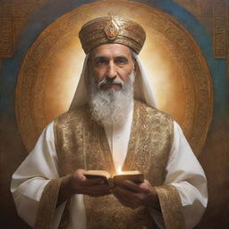 Depict an image of Hashem Kanaa as imaginative interpretation: a knowledgeable, enigmatic figure with an aura of calmness and wisdom, dressed in traditional clothing and basking in a sublime glow.