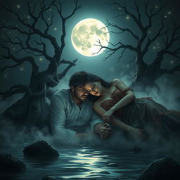 Two young lovers lying together on the banks of a river, their faces illuminated by the enchanting light of the full moon