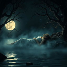 Two young lovers lying together on the banks of a river, their faces illuminated by the enchanting light of the full moon