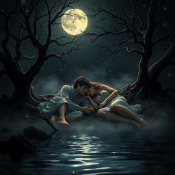 Two young lovers lying together on the banks of a river, their faces illuminated by the enchanting light of the full moon