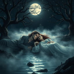 Two young lovers lying together on the banks of a river, their faces illuminated by the enchanting light of the full moon