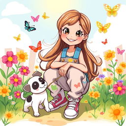 A whimsical and cartoonish scene featuring a playful girl with long flowing hair, squatting playfully on a colorful overalls, smiling while surrounded by a cheerful outdoor setting