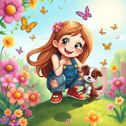 A whimsical and cartoonish scene featuring a playful girl with long flowing hair, squatting playfully on a colorful overalls, smiling while surrounded by a cheerful outdoor setting