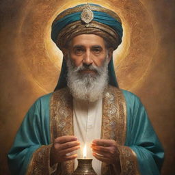 Depict an image of Hashem Kanaa as imaginative interpretation: a knowledgeable, enigmatic figure with an aura of calmness and wisdom, dressed in traditional clothing and basking in a sublime glow.