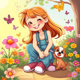 A whimsical and cartoonish scene featuring a playful girl with long flowing hair, squatting playfully on a colorful overalls, smiling while surrounded by a cheerful outdoor setting