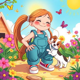 A whimsical and cartoonish scene featuring a playful girl with long flowing hair, squatting playfully on a colorful overalls, smiling while surrounded by a cheerful outdoor setting