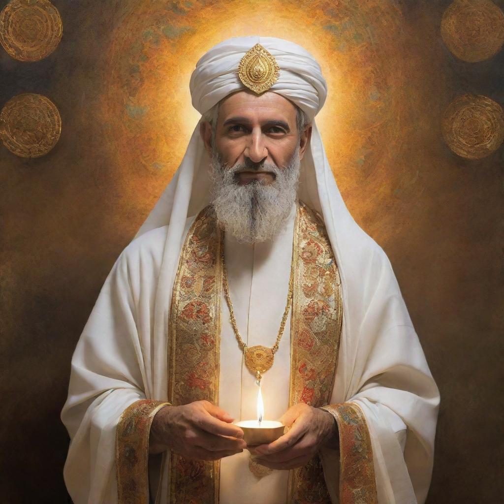 Depict an image of Hashem Kanaa as imaginative interpretation: a knowledgeable, enigmatic figure with an aura of calmness and wisdom, dressed in traditional clothing and basking in a sublime glow.