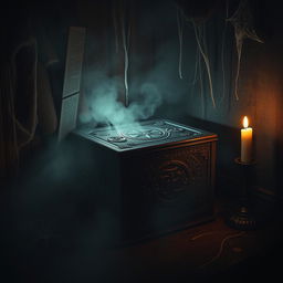 An ancient, enigmatic box emanating an eerie aura in a dimly lit room