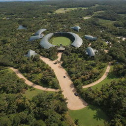 The flamboyant millionaire reveals his masterpiece - a Jurassic Park on the exotic island. Sprawling fields contain herds of prehistoric creatures, state-of-the-art facilities peek out from the lush vegetation, and the park's grand entrance proudly displays the iconic logo emblazoned on it.