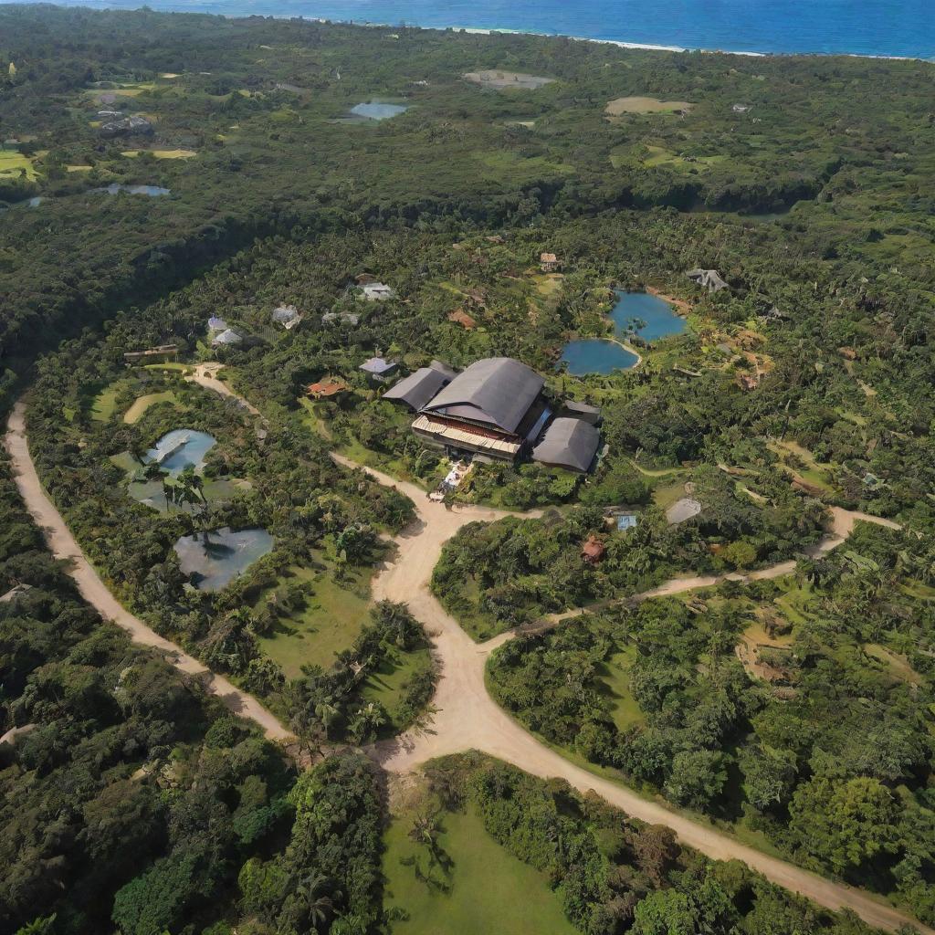 The flamboyant millionaire reveals his masterpiece - a Jurassic Park on the exotic island. Sprawling fields contain herds of prehistoric creatures, state-of-the-art facilities peek out from the lush vegetation, and the park's grand entrance proudly displays the iconic logo emblazoned on it.