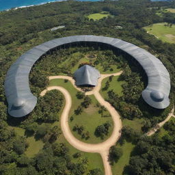 The flamboyant millionaire reveals his masterpiece - a Jurassic Park on the exotic island. Sprawling fields contain herds of prehistoric creatures, state-of-the-art facilities peek out from the lush vegetation, and the park's grand entrance proudly displays the iconic logo emblazoned on it.