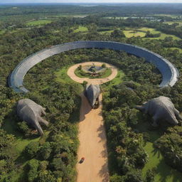 The flamboyant millionaire reveals his masterpiece - a Jurassic Park on the exotic island. Sprawling fields contain herds of prehistoric creatures, state-of-the-art facilities peek out from the lush vegetation, and the park's grand entrance proudly displays the iconic logo emblazoned on it.