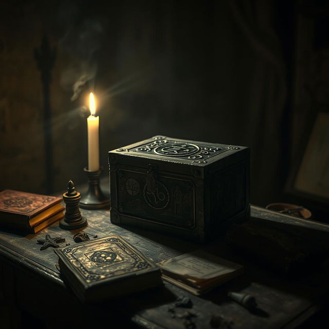A small, ancient, and mysterious box sitting atop a dusty wooden table in a dimly lit, eerie room