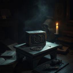 A small, ancient, and mysterious box sitting atop a dusty wooden table in a dimly lit, eerie room