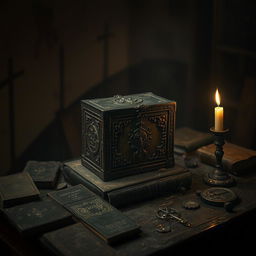 A small, ancient, and mysterious box sitting atop a dusty wooden table in a dimly lit, eerie room