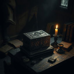 A small, ancient, and mysterious box sitting atop a dusty wooden table in a dimly lit, eerie room