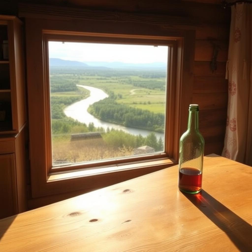 A wooden table near a window in a cozy Russian countryside house, featuring a glass bottle sitting atop the table