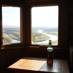 A wooden table near a window in a cozy Russian countryside house, featuring a glass bottle sitting atop the table