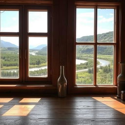 A wooden table near a window in a cozy Russian countryside house, featuring a glass bottle sitting atop the table