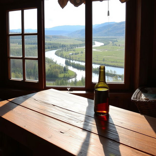 A wooden table near a window in a cozy Russian countryside house, featuring a glass bottle sitting atop the table