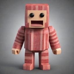 A 3D image of a Roblox character known as a 'noob', styled with a bacon theme. This avatar should have the simplistic, block-like structures typical to Roblox, but colored and textured to resemble bacon.