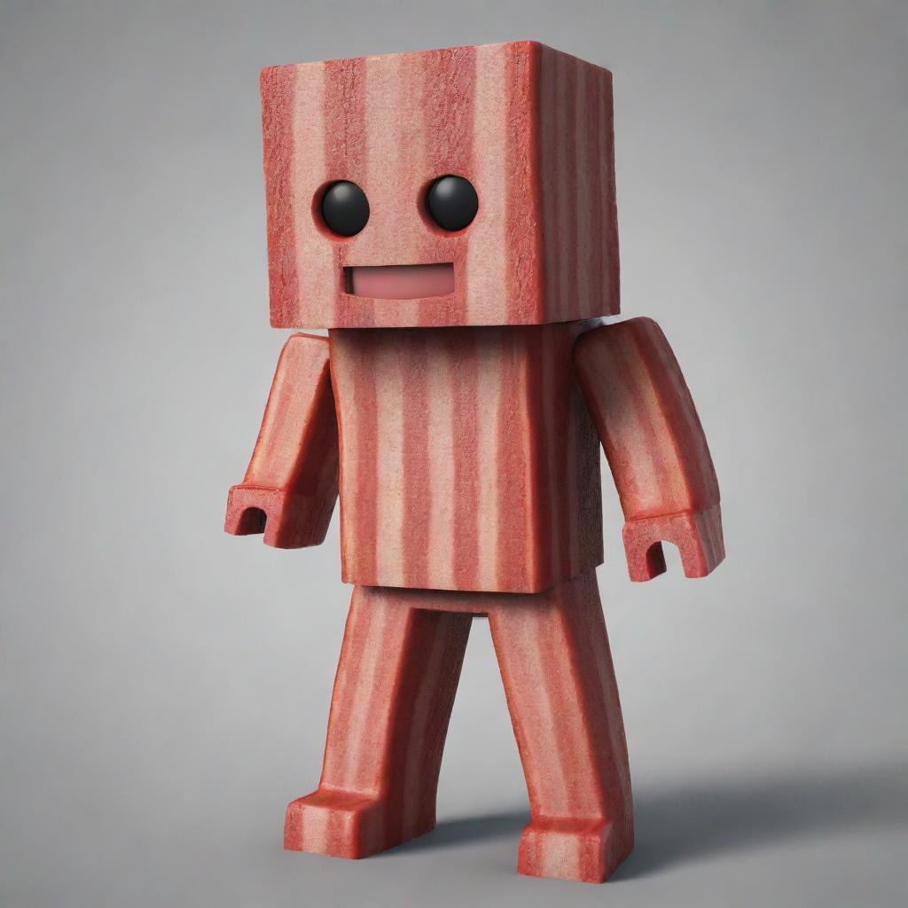 A 3D image of a Roblox character known as a 'noob', styled with a bacon theme. This avatar should have the simplistic, block-like structures typical to Roblox, but colored and textured to resemble bacon.