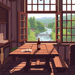 Pixel art depicting a quaint Russian countryside house interior