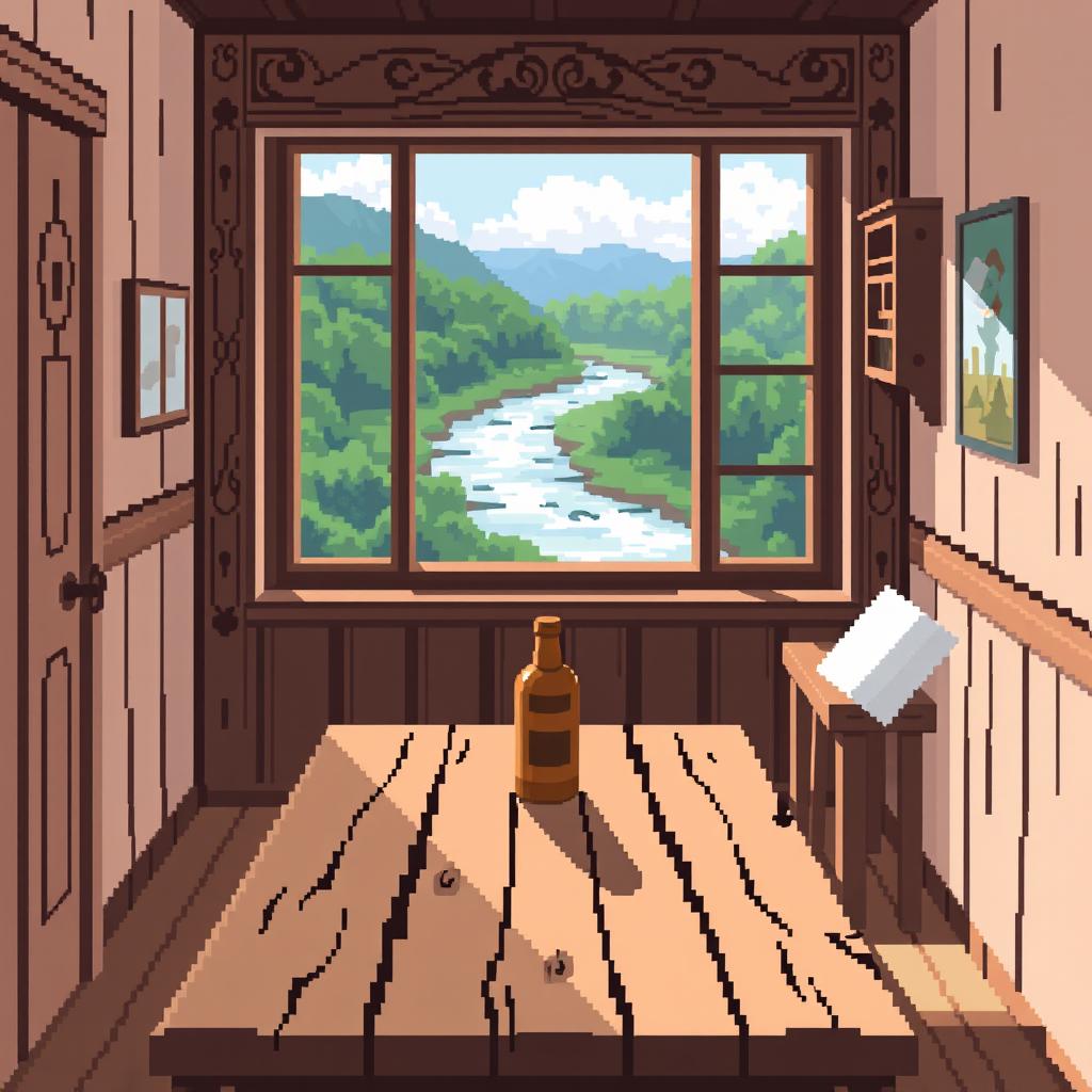 Pixel art depicting a quaint Russian countryside house interior