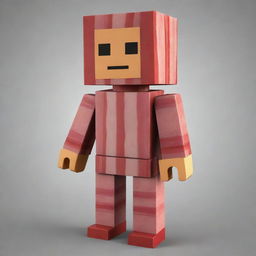 A 3D image of a Roblox character known as a 'noob', styled with a bacon theme. This avatar should have the simplistic, block-like structures typical to Roblox, but colored and textured to resemble bacon.