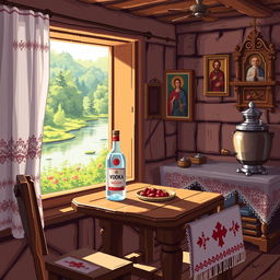 Painted pixel art of a cozy Russian village house interior