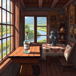 Painted pixel art of a cozy Russian village house interior