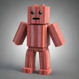 A 3D image of a Roblox character known as a 'noob', styled with a bacon theme. This avatar should have the simplistic, block-like structures typical to Roblox, but colored and textured to resemble bacon.