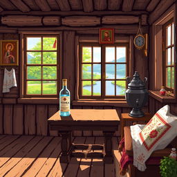 Painted pixel art of a cozy Russian village house interior