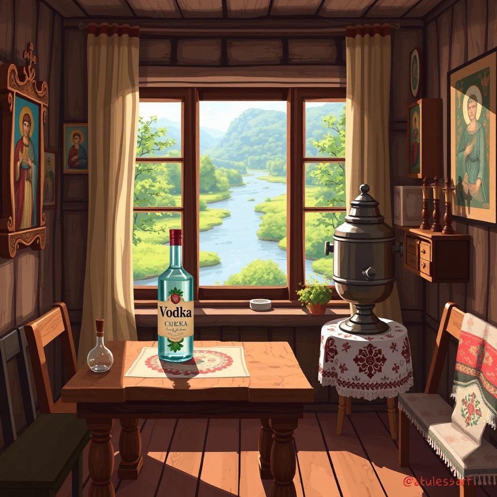 Painted pixel art of a cozy Russian village house interior