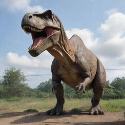 Within the Jurassic Park, the mighty Tyrannosaurus Rex is safely encased within an area fenced by high-voltage electric barriers. Curious visitors observe the beast from a safe distance.