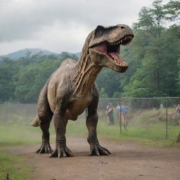 Within the Jurassic Park, the mighty Tyrannosaurus Rex is safely encased within an area fenced by high-voltage electric barriers. Curious visitors observe the beast from a safe distance.