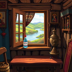 Painted pixel art of a cozy interior scene in a Russian village house