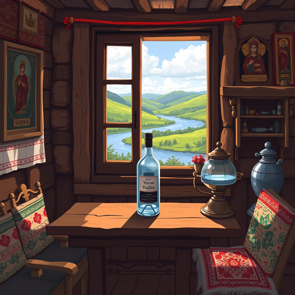 Painted pixel art of a cozy interior scene in a Russian village house