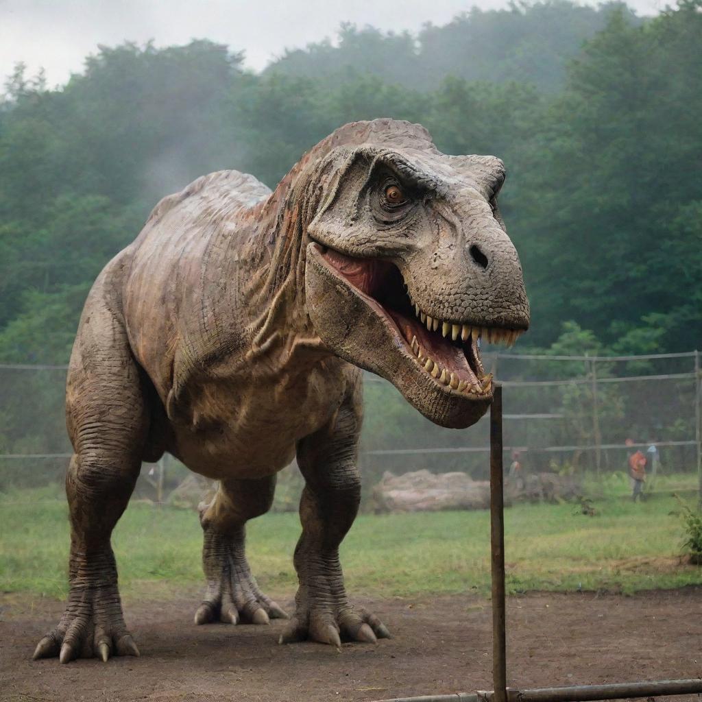 Within the Jurassic Park, the mighty Tyrannosaurus Rex is safely encased within an area fenced by high-voltage electric barriers. Curious visitors observe the beast from a safe distance.