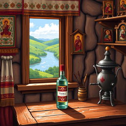 Painted pixel art of a cozy interior scene in a Russian village house