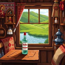 Painted pixel art of a cozy interior scene in a Russian village house