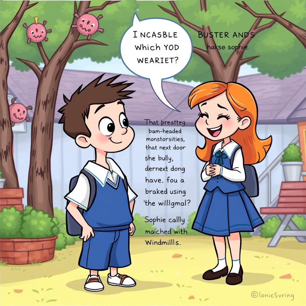 In a charming illustration, Buster and Sophie are engaged in an animated discussion in the colorful schoolyard