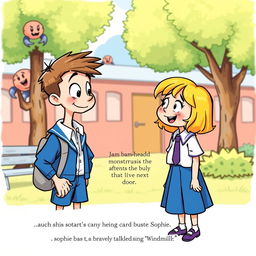 In a charming illustration, Buster and Sophie are engaged in an animated discussion in the colorful schoolyard