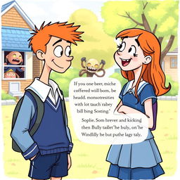 In a charming illustration, Buster and Sophie are engaged in an animated discussion in the colorful schoolyard