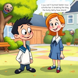 In a charming illustration, Buster and Sophie are engaged in an animated discussion in the colorful schoolyard