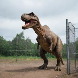 Within the Jurassic Park, the mighty Tyrannosaurus Rex is safely encased within an area fenced by high-voltage electric barriers. Curious visitors observe the beast from a safe distance.